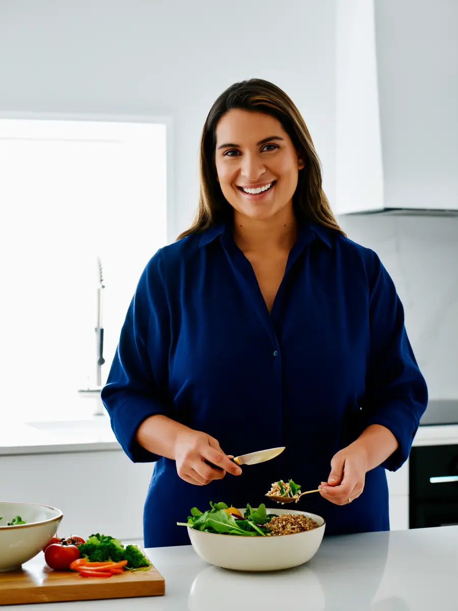 A woman smiling as she prepares a fresh salad in her kitchen