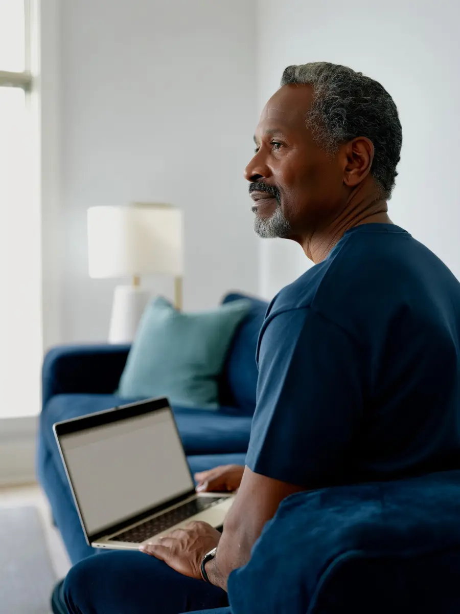 A man on his sofa at home with a laptop, attentive and relaxed