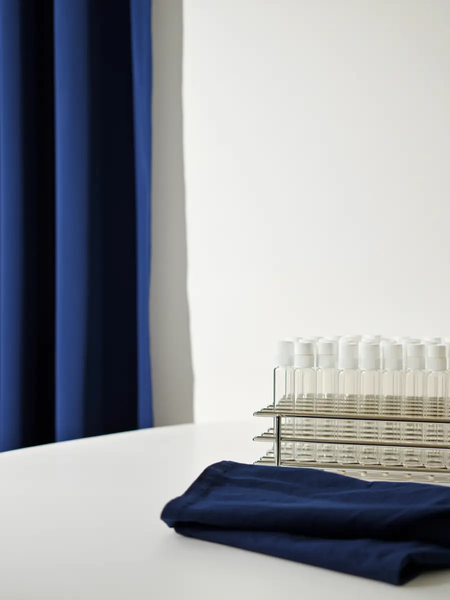 A row of plain, unlabelled sample collection tubes in a rack