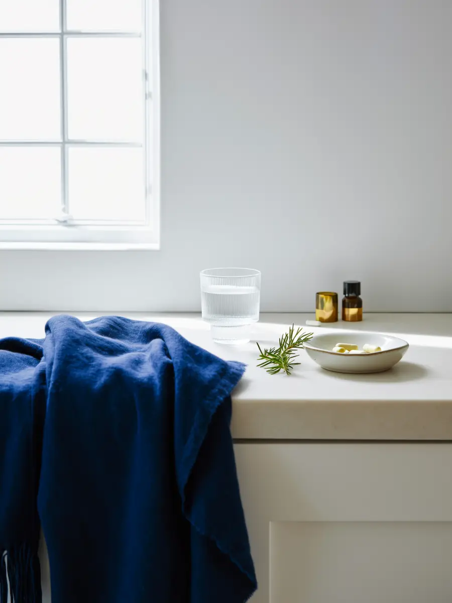 A ceramic dish with a few plain capsules beside a glass of water